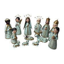 VTG RARE Set 13 Mexican Folk Art Nativity Hand Painted Blue Floral Christmas picture