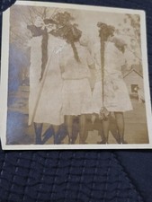 Antique Photo 3 Girls Giant Hair Bows Long Braids Edwardian 1910s Back View picture