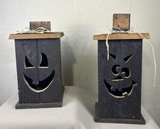 Primitive Reclaimed Wood Halloween Jack-O-Lantern Set of 2Rustic Wooden Lanterns picture