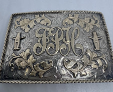 RARE VTG NELSON SILVIA CO STERLING & 10K YG HOUSTON RODEO BUCKLE W/INITIALS-NR picture