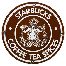 VINTAGE STARBUCKS COFFEE TEA SPICES PORCELAIN SIGN SIREN MERMAID CAFE KITCHEN picture