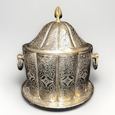 Signed 19th-C Moroccan Silver Plated Biscuit Tin Tea Caddy Hinged Lid 9.26”H picture