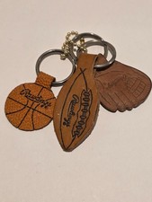 3 Vintage Leather Rawlings Key Rings Baseball Football Basketball picture
