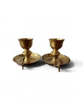 Set Of 2 Vintage Brass Candle Holders with Handles and Finger Loops picture