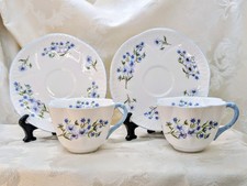 Pair Vintage Shelley Dainty Teacup Saucer Sets Blue Rock Floral Bone China Two picture