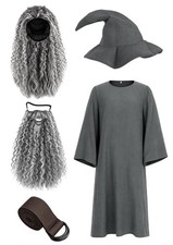 UQJE Adult Wizard Costume 5 Pcs Gray Robe Hat Wig Beard Belt - Size XL picture