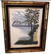 Pretty Vintage MCM 18” OIL PAINTING Signed 1960s Bamboo Shaped Frame Eva Meyers picture