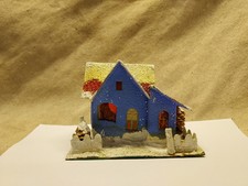 VINTAGE CARDBOARD CHRISTMAS HOUSE WITH TREES & GLITTER NEW FELT BOTTOM JAPAN picture