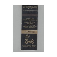 Matchbook Cover Zeno's Steak House Motel Racquetball Club Sullivan MO picture