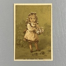 Victorian Trade Card Little Girl Gathering Flowers M Rogers Salem MA picture