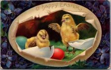 c1910s EASTER Greetings Postcard Baby Chicks / Colorful Eggs / Violet Flowers picture