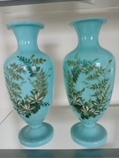 Pr Antique Bohemian Turquoise Opaline  Vases Hand Enameled Floral Harrach picture