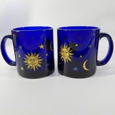 2 Libbey Vintage Cobalt Blue Glass Celestial Mug Friends Sun Moon Stars 90's picture
