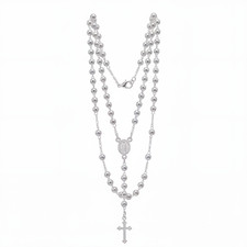 925 Sterling Silver Rosary Necklace 20 Inches 4mm Beads Cross Virgin Mary Medal picture