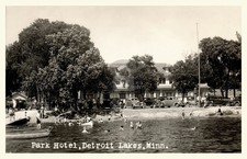 Detroit Lakes MN Park Hotel Beach car 1930s RPPC Photo Postcard COPY picture
