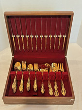 66 Pcs ESTIA Gold Plated Flatware Set PIERCED ROSE Pattern Service For 12 Korea picture