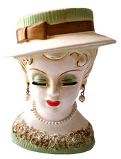Vintage Lady Head Vase Lee Wards Japan Green Hat Faux Pearl Necklace Earrings 5