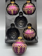 Vintage G&D Glass Christmas Ornaments Magenta Purple & Gold Embellished Set Of 4 picture