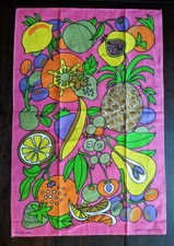 Vintage 1970s Psychedelic Linen Tea Towel Czechoslovakia Retro Ribbon Floral  picture