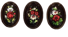 Lot of 3 Vtg Russian Floral Hand Painted Oval Metal Plate Trays Decor Gift picture