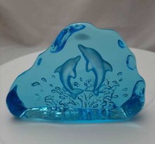 Vtg Beautiful Artisan Blue Dolphins Glass Paperweight picture