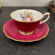 Hammersley tea cup and saucer red floral signed teacup England pink rose picture