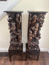 Chinese Handcrafted Wood Carved 38” Tall Statues Tables w/ Drawers Pair Vintage picture