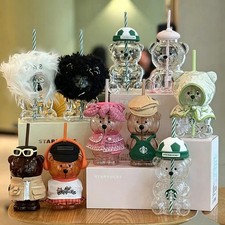 NEW Starbucks World Cup Football Bear Cute Bear Shaped Glass Straw Cup Rare Item picture