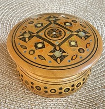 VTG Hutsul Ukrainian Folk Art Turned Wood Jewelry Trinket Box Floral Inlay picture