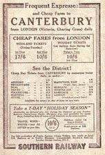 1920s Vintage Advert for SOUTHERN RAILWAY -Expresses & Cheap Fares to CANTERBURY picture