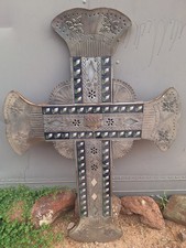 Vintage Large Mexican Folk Art Tin Tile Lilly Flower Religious Cross Heart picture