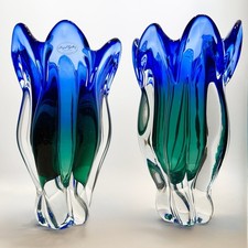 VTG (Set 2) “Royal Gallery”Handblown Art Glass Vase Sommerso Cobalt Blue &Green picture