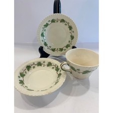 Vintage Harker Pottery Royal Gadroon Ivy 2 Bowls and 1 Teacup Set Green White picture
