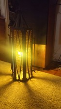 Vintage 26” Spanish Revival Wrought Iron Hanging Lantern Gothic Swag Amber Glass picture