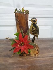 Vintage Hand Carved Wood Bird Sculpture on Wood Tree Stump 9