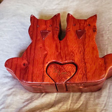 Vintage Hand-Carved Wooden Twin Cats Secret Puzzle Box with 