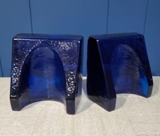 Blenko Glass Vintage MCM Cobalt Blue Wayne Husted Shovel Wedge Heavy Bookends picture