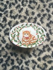 Cute Holiday Christmas Holly Cat Oval Lidded Functional Storage Decor Tin 3” picture