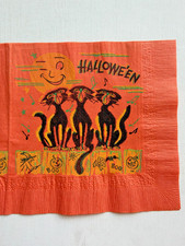 Vintage Mid Century Halloween Party Orange Napkin w/ Black Cats Howling picture