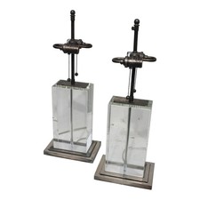 Pair 1960's Italian Modern Solid Glass Block Silver Detailed Heavy Table Lamps picture