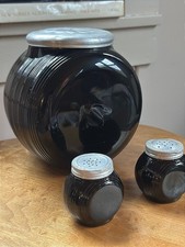 Antique L.E. Smith Black Amethyst Sellers Kitchen Cabinet 3pc Range Canister Set picture
